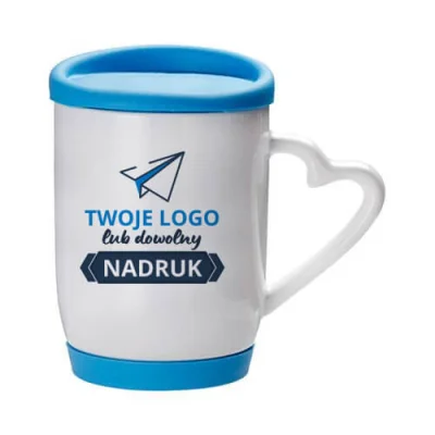 Kubek z błękitną silikonową pokrywką i podstawką – z nadrukiem