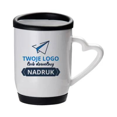 Kubek z czarną silikonową pokrywką i podstawką – z nadrukiem