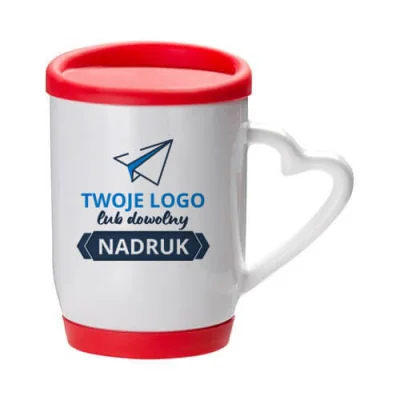 Kubek z czerwoną silikonową pokrywką i podstawką – z nadrukiem