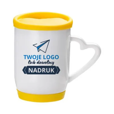 Kubek z żółtą silikonową pokrywką i podstawką – z nadrukiem