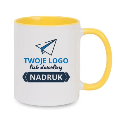 Kubek z żółtym wnętrzem i uszkiem – z nadrukiem